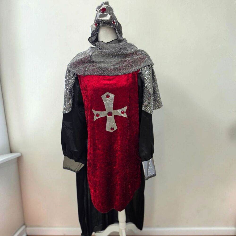 Medieval Crusader Knight Costume Red Velvet Chainmail Tunic Cape Belt Hood Adult